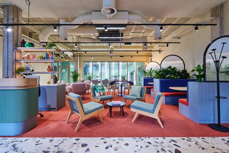 Colourful seating area inside Foundation workspace in Altrincham