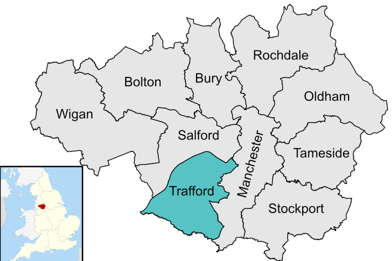 Map of Greater Manchester boroughs with Trafford highlighted in teal and an icon of Trafford's location in the UK