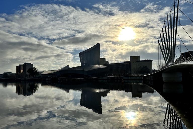 Cloudy and sunlit view of Imperial War Museum from Media City