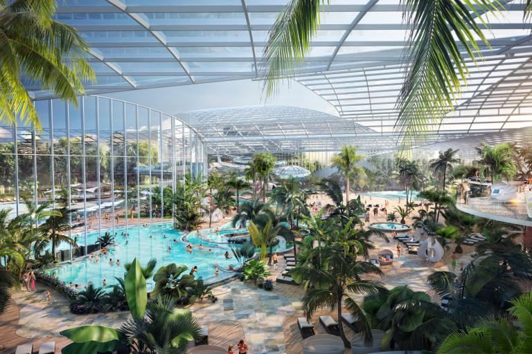 CGI of the inside of Therme Manchester with pool and trees