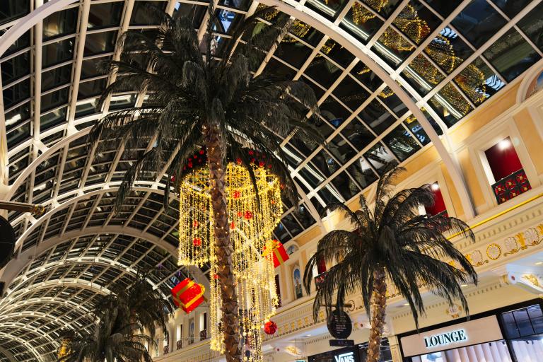 Shops, palm trees and the high glass ceilings inside the Trafford Centre